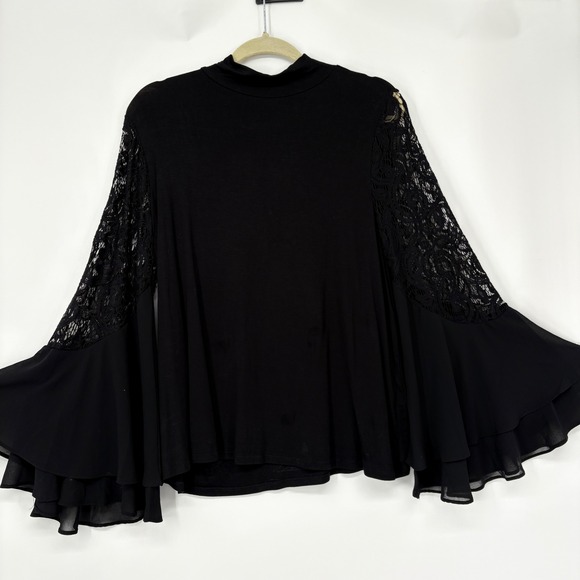 Joseph A Tops - NWT L Joseph A Black Mock Neck Keyhole Bell Sleeve Lace Detail Blouse Top Dressy